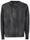 Avant Toi Tonal Effect Ribbed Round Neck Pullover In Cashmere And Wool With Cut Edges In Black