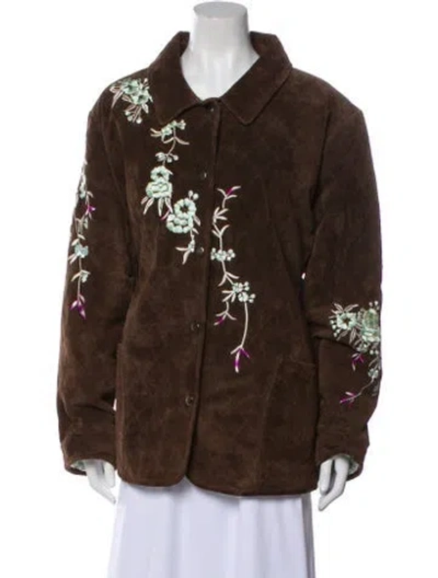 Pre-owned Avanti Leather Floral Print Evening Jacket In Brown