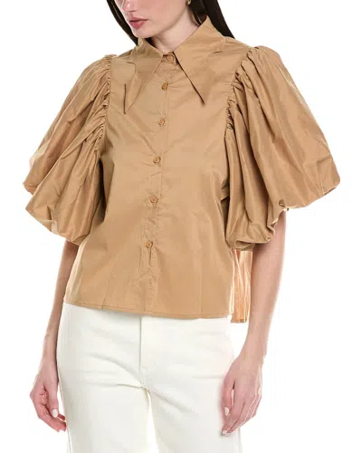 Avantlook Lantern Sleeve Button Front Top In Brown