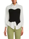 Avantlook Women's Layered-look Corset & Pin Stripe Button Down Shirt In Black
