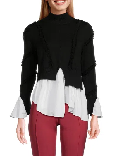Avantlook Women's Layered-look Fringe Sweater & Ruffled Shirt In Black White