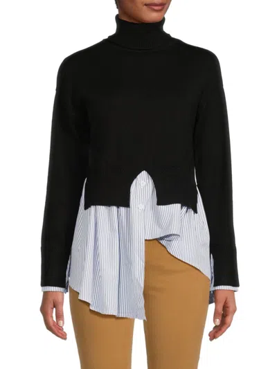 Avantlook Women's Striped Splicing Turtleneck Layered Sweater In Black
