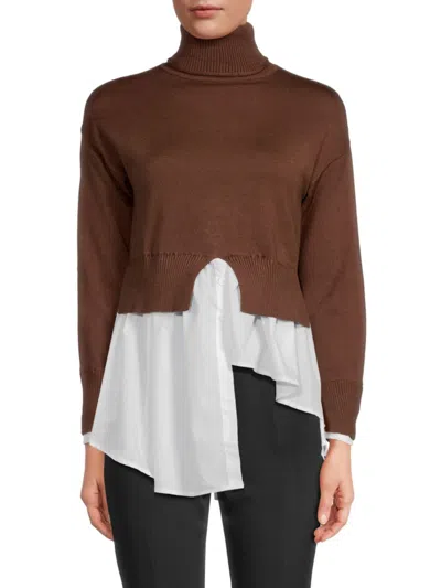 Avantlook Women's Striped Splicing Turtleneck Layered Sweater In Chocolate