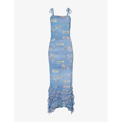 Avavav Womens Graphic-print Ruched Stretch-woven Maxi Dress Blue