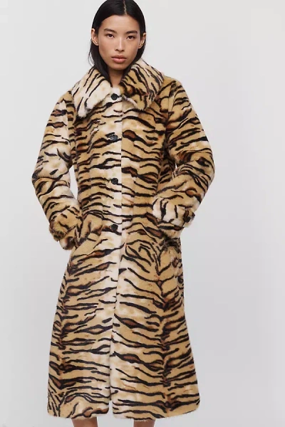 Avec Les Filles Animal Print Faux Fur Coat Jacket In Brown