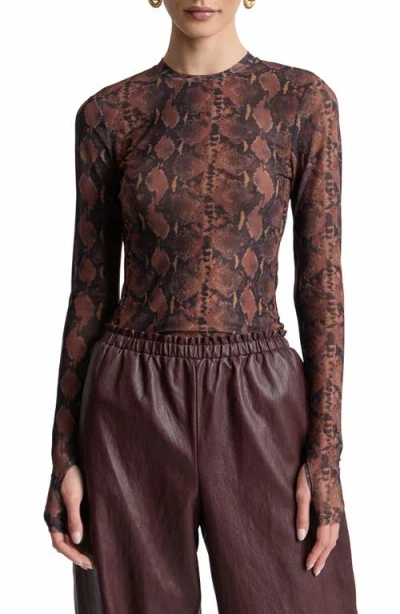 Avec Les Filles Animal Spot Mesh T-shirt In Brown-black Python
