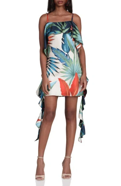 Avec Les Filles Asymmetric Ruffle Print Minidress In Multi