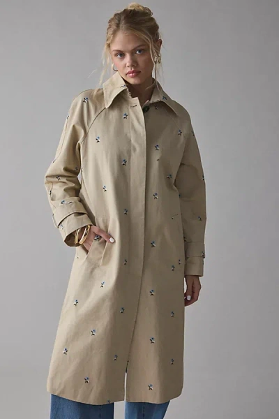 Avec Les Filles Avec Le Filles Floral Embroidered Button-back Trench Coat Jacket In Khaki/blue Flower, Women's At Ur