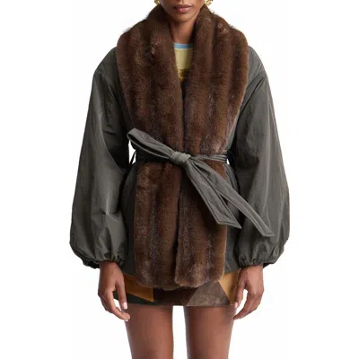 Avec Les Filles Balloon Belted Puffer Coat With Faux Fur Trim In Gray