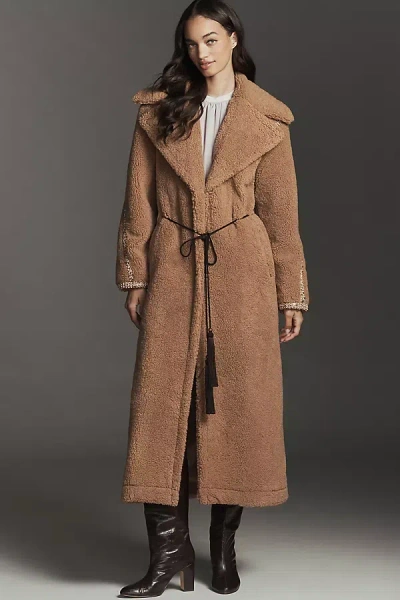 Avec Les Filles Beaded Belted Faux Fur Coat Jacket In Brown