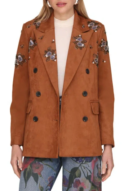Avec Les Filles Beaded Double Breasted Jacket In Brown