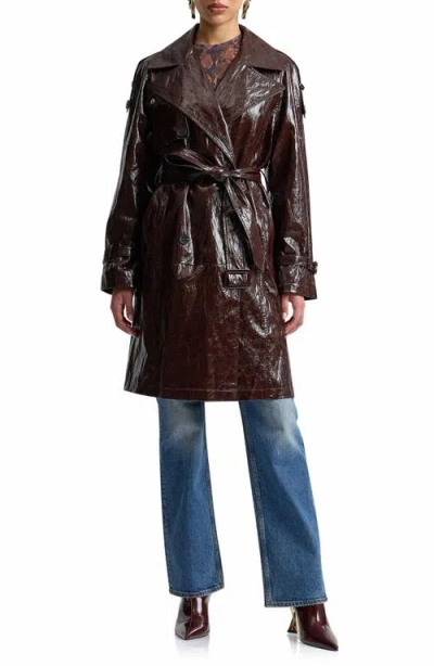 Avec Les Filles Belted Double Breasted Faux Leather Trench Coat In Burgundy