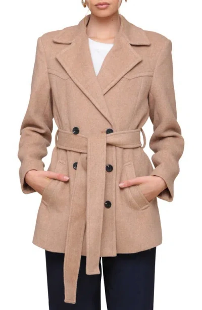 Avec Les Filles Belted Double Breasted Mid Length Coat In Light Camel