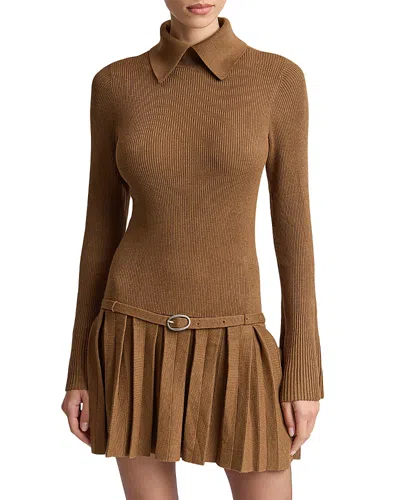 Avec Les Filles Belted Drop Waist Pleated Sweater Dress In Brown