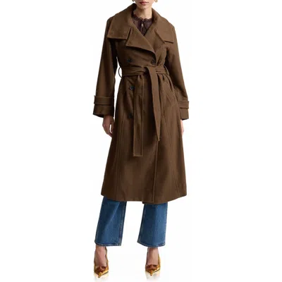 Avec Les Filles Belted Funnel Neck Herringbone Trench Coat In Brown