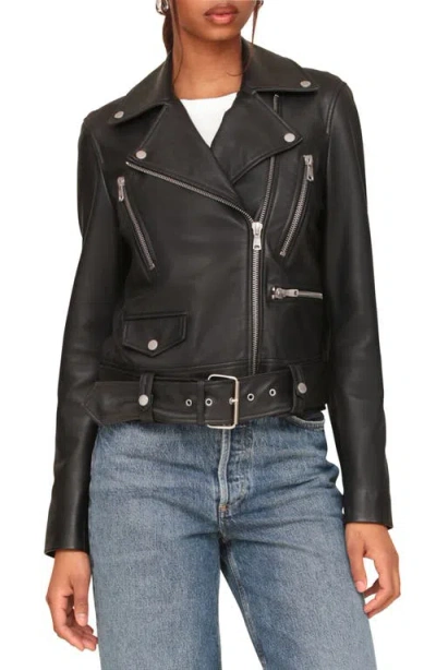 Avec Les Filles Belted Leather Biker Jacket In Black