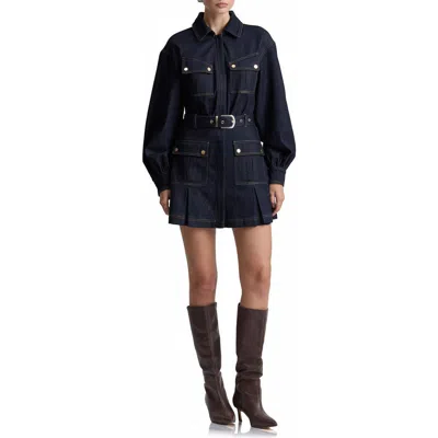 Avec Les Filles Belted Long Sleeve Stretch Denim Minidress In Dark Rinse