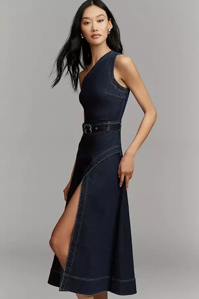 Avec Les Filles Belted One-shoulder Shirt Dress In Blue