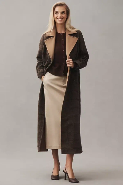 Avec Les Filles Belted Plaid Long Coat Jacket In Brown