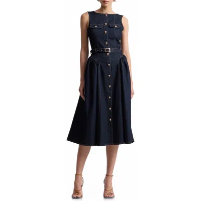 Avec Les Filles Belted Sleeveless Denim Dress In Blue