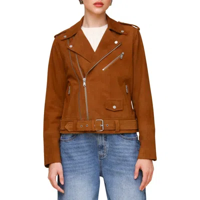 Avec Les Filles Belted Suede Moto Jacket In Camel
