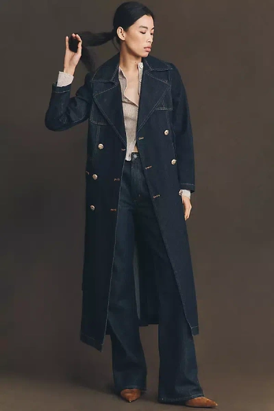 Avec Les Filles Belted Utility Denim Trench Coat Jacket In Blue