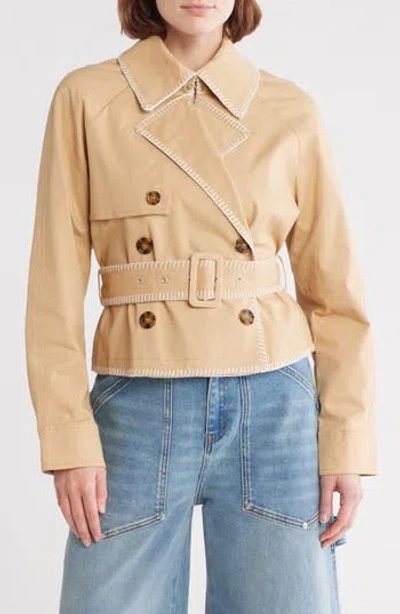 Avec Les Filles Blanket Stitch Cropped Trench Coat In Sand
