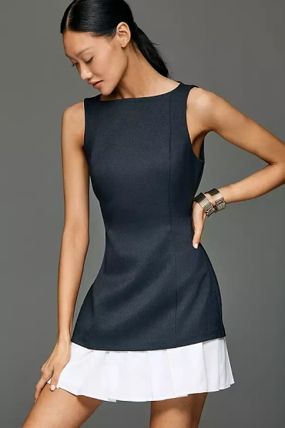 Avec Les Filles Boat-neck Pleated-hem Mini Dress In Blue