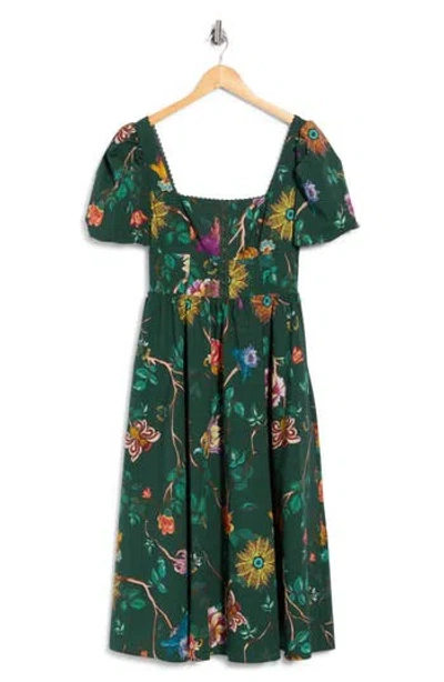 Avec Les Filles Botanical Print Corset Bodice Stretch Cotton Midi Dress In Green