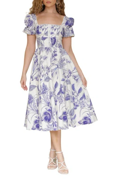 Avec Les Filles Botanical Print Corset Bodice Stretch Cotton Midi Dress In Porcelain Flower