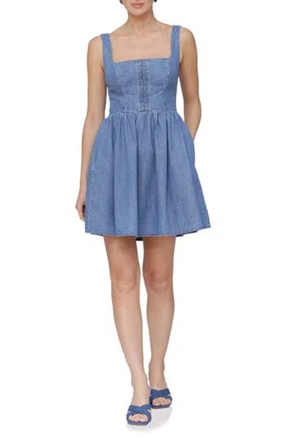 Avec Les Filles Bustier Cotton Denim Fit & Flare Minidress In Light Wash