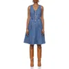 Avec Les Filles Button Front Sleeveless Denim Fit & Flare Dress In Blue