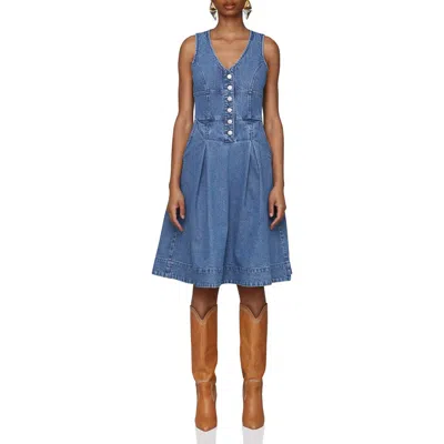 Avec Les Filles Button Front Sleeveless Denim Fit & Flare Dress In Blue