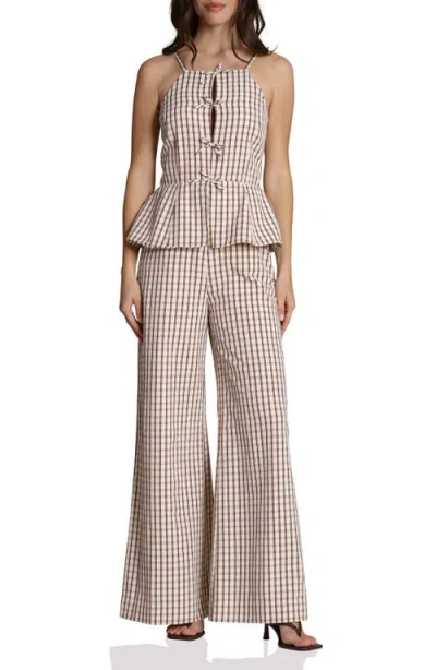 Avec Les Filles Check Bow Tie Front Peplum Jumpsuit In Brown