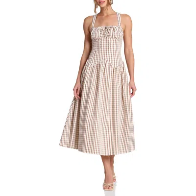 Avec Les Filles Check Drop Waist Cotton Blend Sundress In Neutral