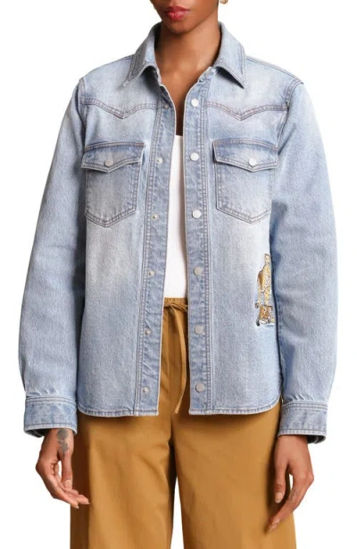 Avec Les Filles Cheetah Embroidered Stretch Denim Shirt Jacket In Blue