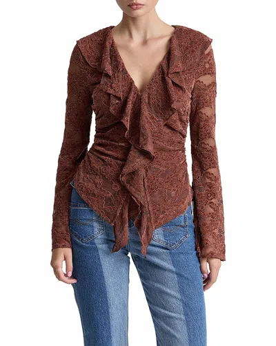 Avec Les Filles Chenille Lace Ruffle Cardigan Top In Brown