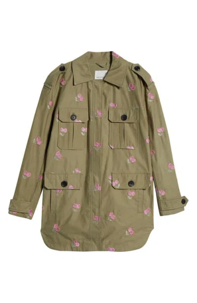 Avec Les Filles Cherry Embroidered Utility Jacket In Moss/pink Cherry