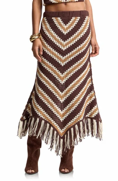 Avec Les Filles Chevron Crochet Fringe Midi Skirt In Multi