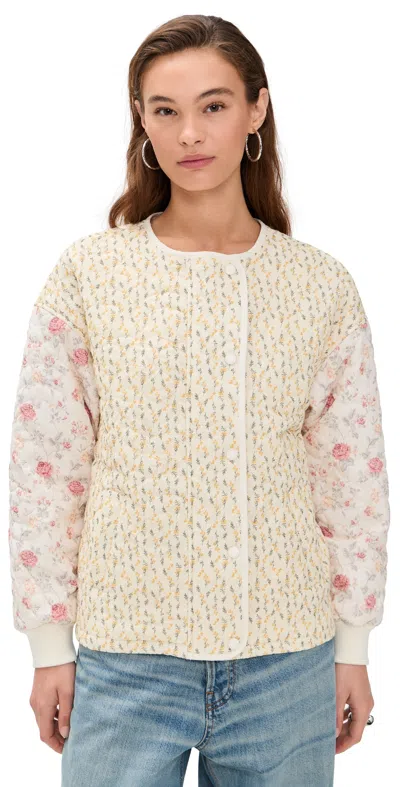 Avec Les Filles Collarless Quilted Bomber Jacket White Pink/yellow Floral