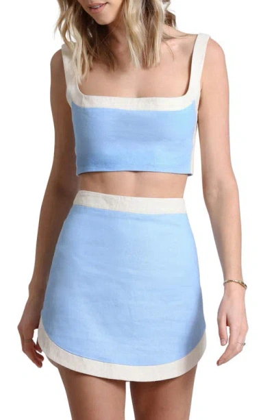Avec Les Filles Colorblock Linen Blend Crop Top & Miniskirt Set In Ice Blue