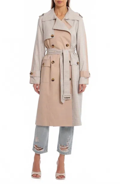 Avec Les Filles Combo Plaid Double-breasted Cotton Trench Coat In Beige