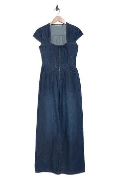 Avec Les Filles Corset Wide Leg Denim Jumpsuit In Luna Wash