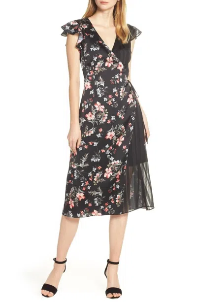 Avec Les Filles Cosmo Flower Satin Chiffon Wrap Dress In Black