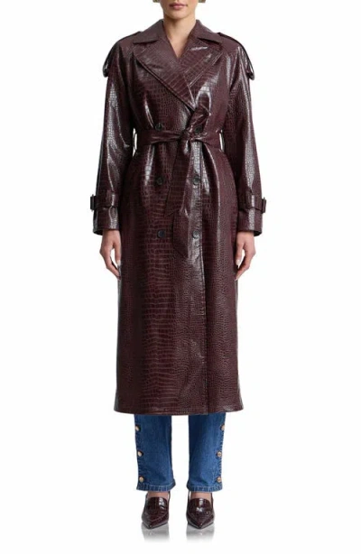Avec Les Filles Croc Embossed Faux Leather Maxi Trench Coat In Brown