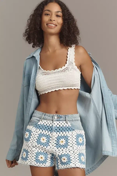Avec Les Filles Crochet Cutoff Denim Shorts In Blue