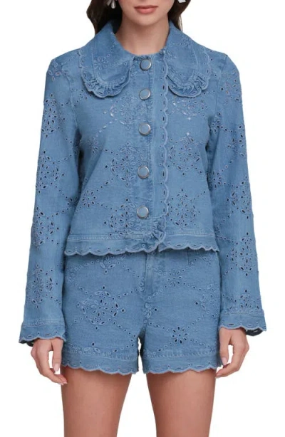 Avec Les Filles Crop Stretch Cotton Eyelet Jacket In Blue