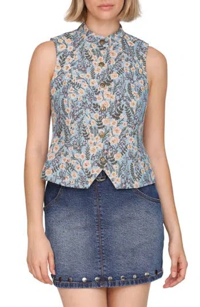 Avec Les Filles Cropped Brocade Vest In Blue