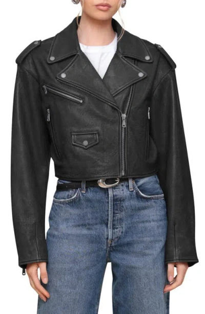 Avec Les Filles Cropped Leather Biker Jacket In Black