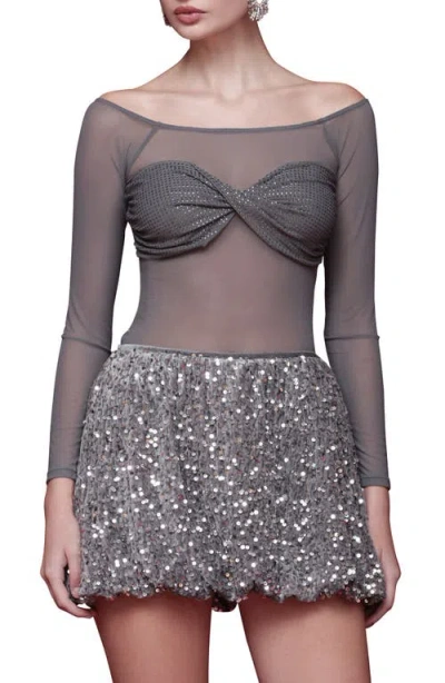Avec Les Filles Crystal Accent Bandeau Mesh Top In Gray